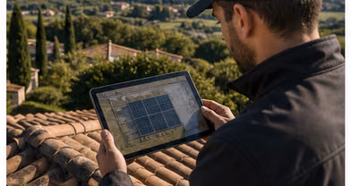 Technicien étudiant une toiture avec un plan photovoltaïque sur tablette