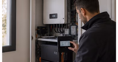 Technicien contrôlant une batterie et un onduleur installés