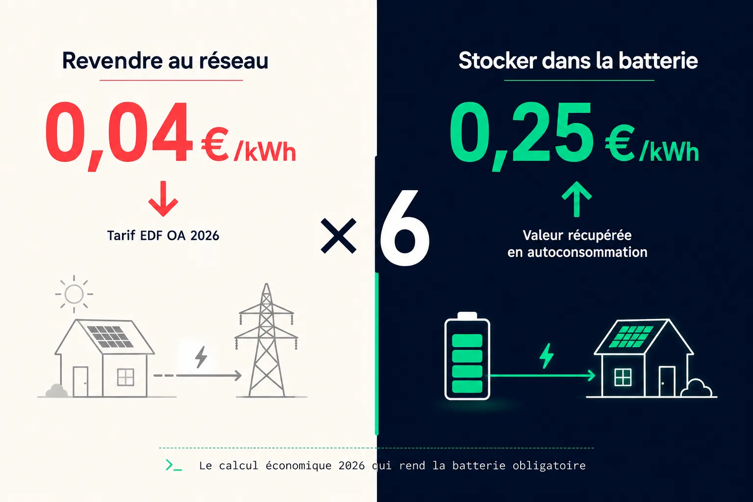 Infographie comparative : stocker dans la batterie (0,25 €/kWh récupérés) vs revendre au réseau (0,04 €/kWh) — multiplicateur ×6