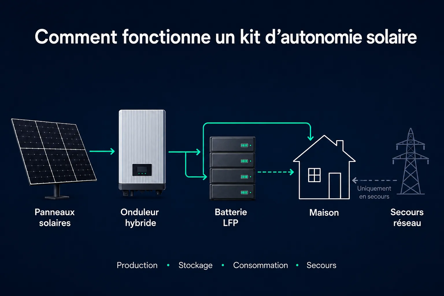 Schéma du système énergétique solaire résidentiel : panneaux PV → onduleur hybride → batterie LFP → maison + réseau Enedis en backup