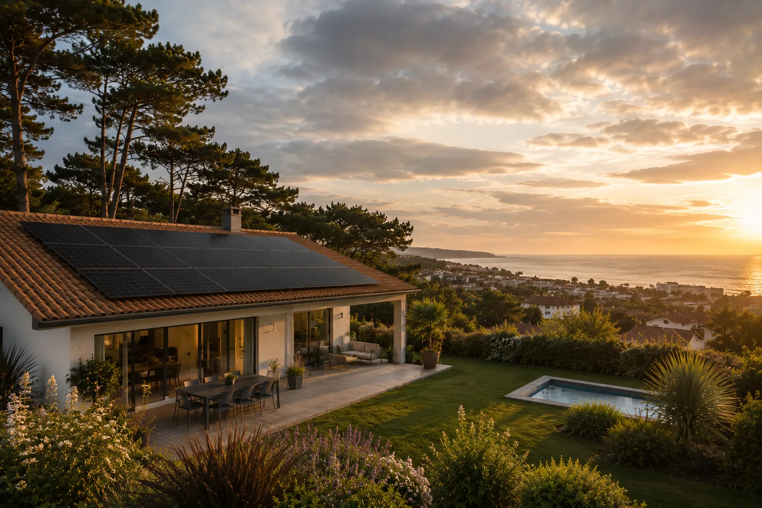 Villa angloye contemporaine avec panneaux solaires en toiture, océan Atlantique en arrière-plan vu depuis la corniche basque