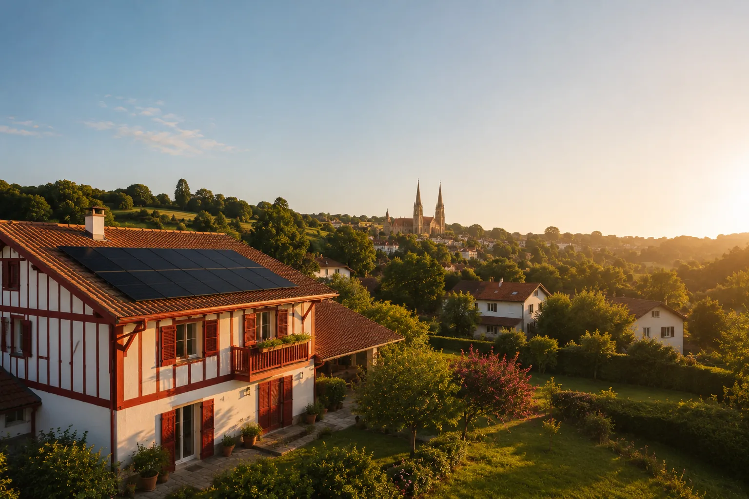 Bayonne avec installation solaire sur maison basque, cathédrale Sainte-Marie en arrière-plan