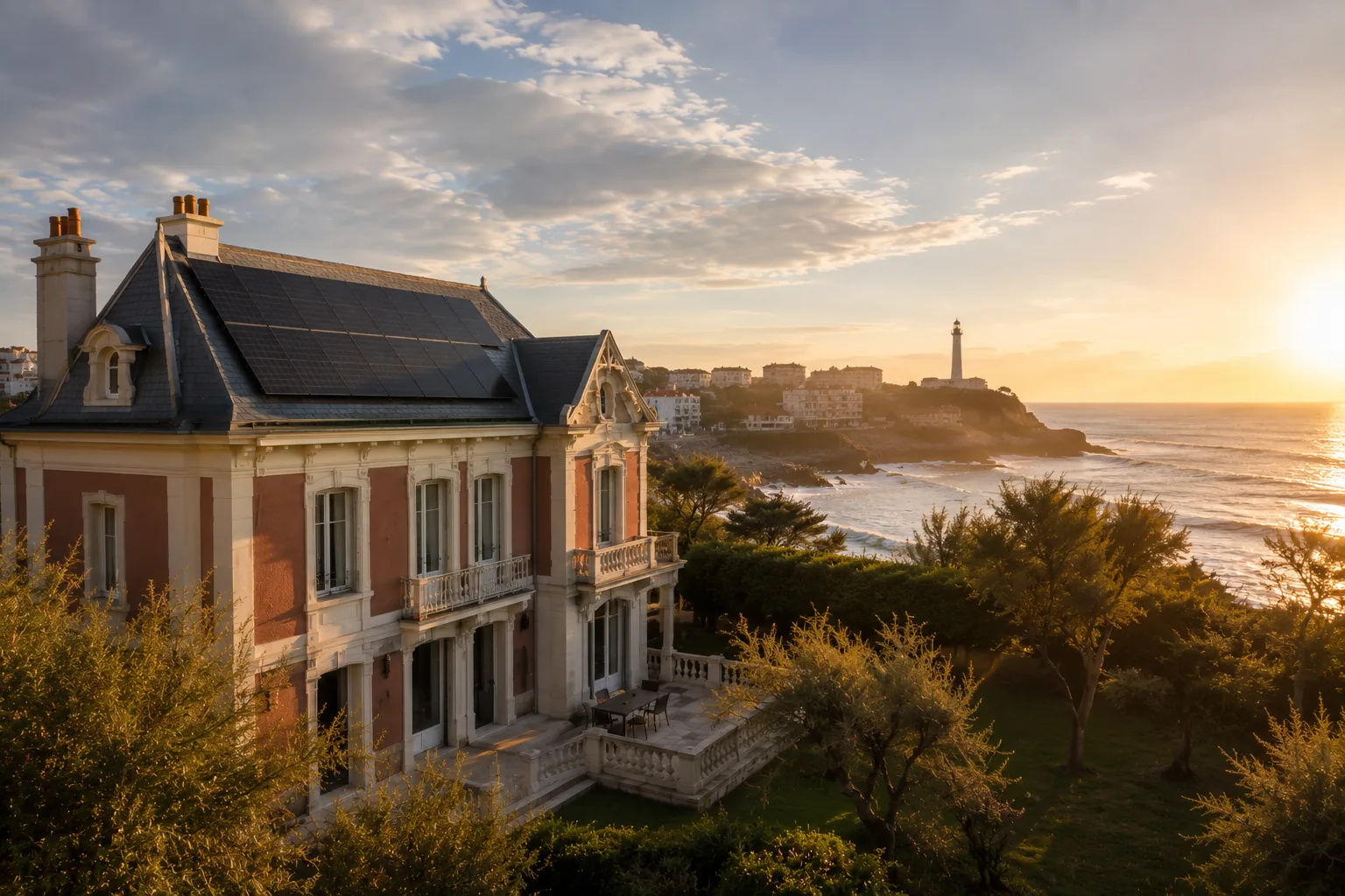 Biarritz avec installation solaire discrète sur villa Belle Époque, phare de Biarritz et Grande Plage en arrière-plan