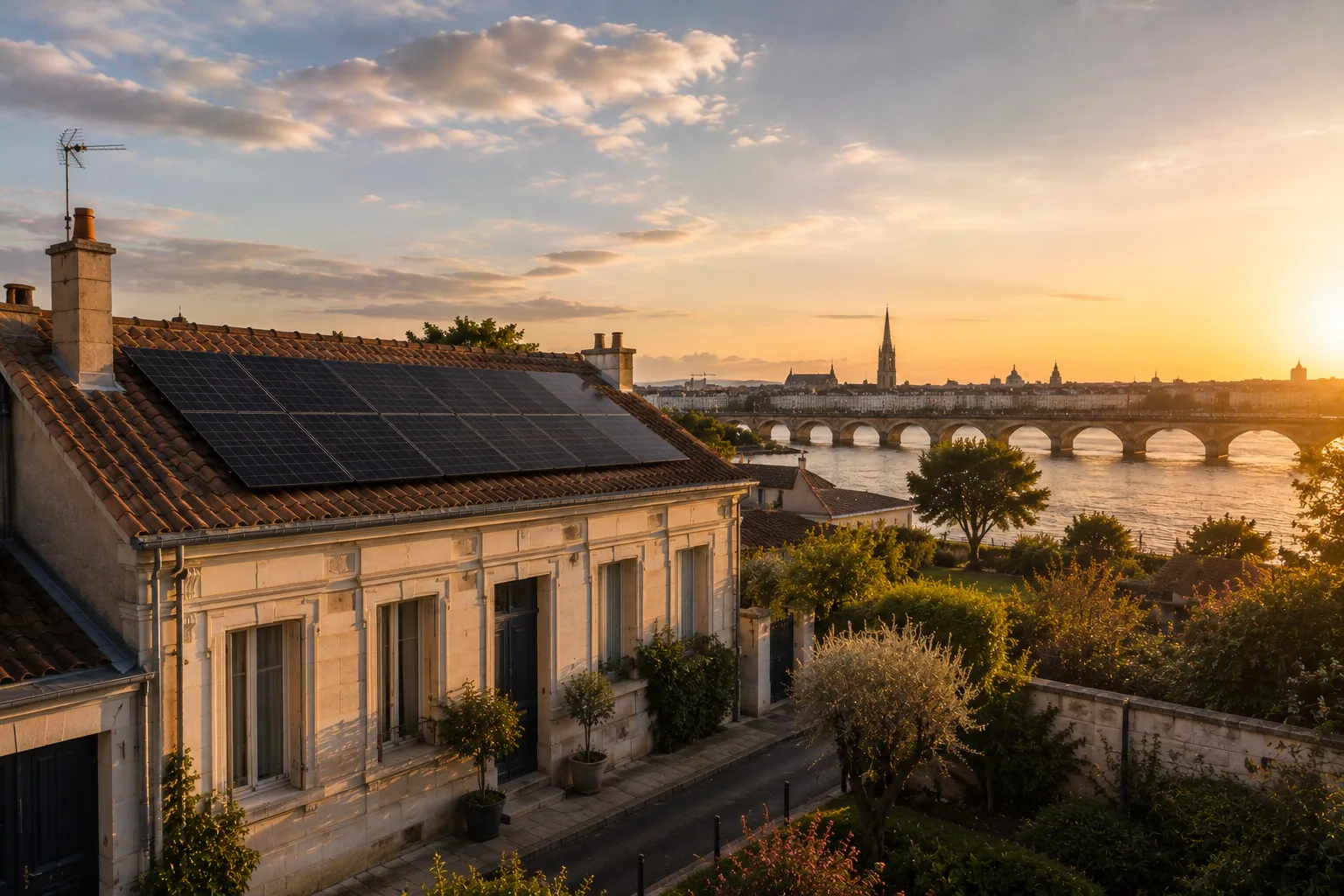 Bordeaux avec installation solaire sur échoppe bordelaise, Pont de pierre et Garonne en arrière-plan