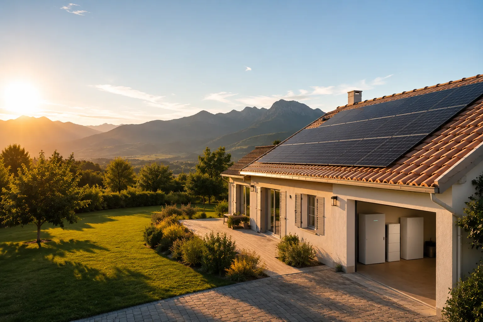 Maison béarnaise équipée d'un kit autonomie énergétique : panneaux solaires sur toiture sud, Pyrénées en arrière-plan, golden hour
