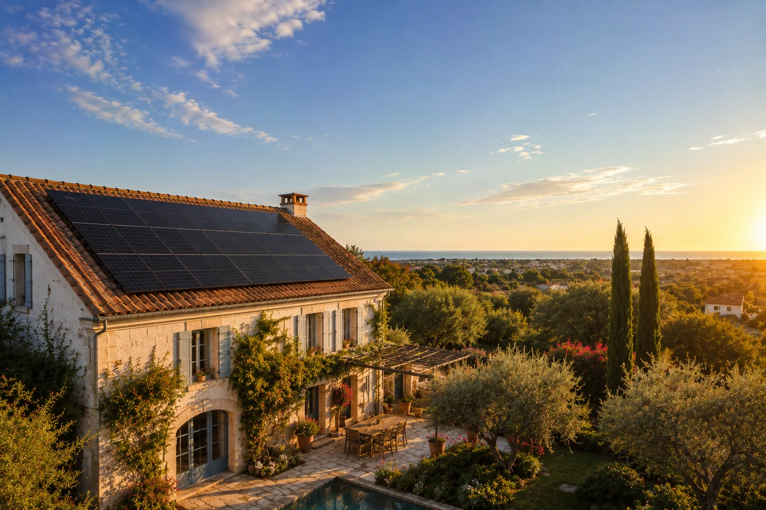 Mas languedocien sous le soleil de Montpellier avec panneaux solaires en toiture, cyprès méditerranéens et garrigue en arrière-plan