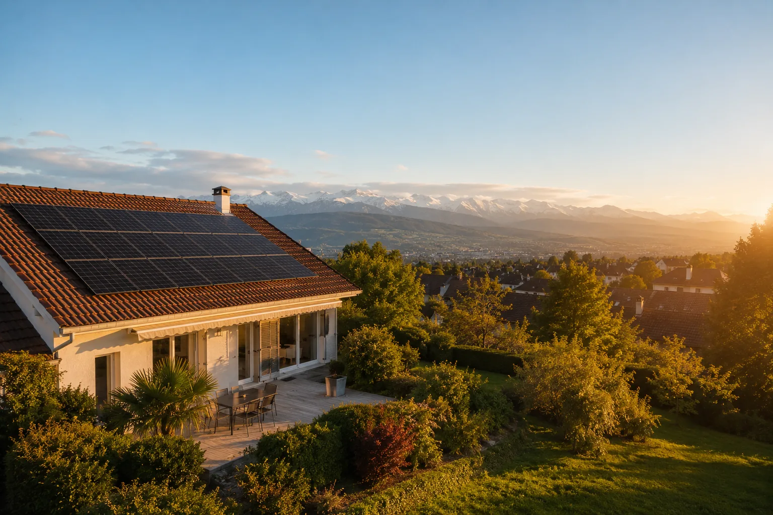 Maison béarnaise à Pau avec panneaux solaires sur toiture, panorama des Pyrénées en arrière-plan vu depuis le Boulevard des Pyrénées