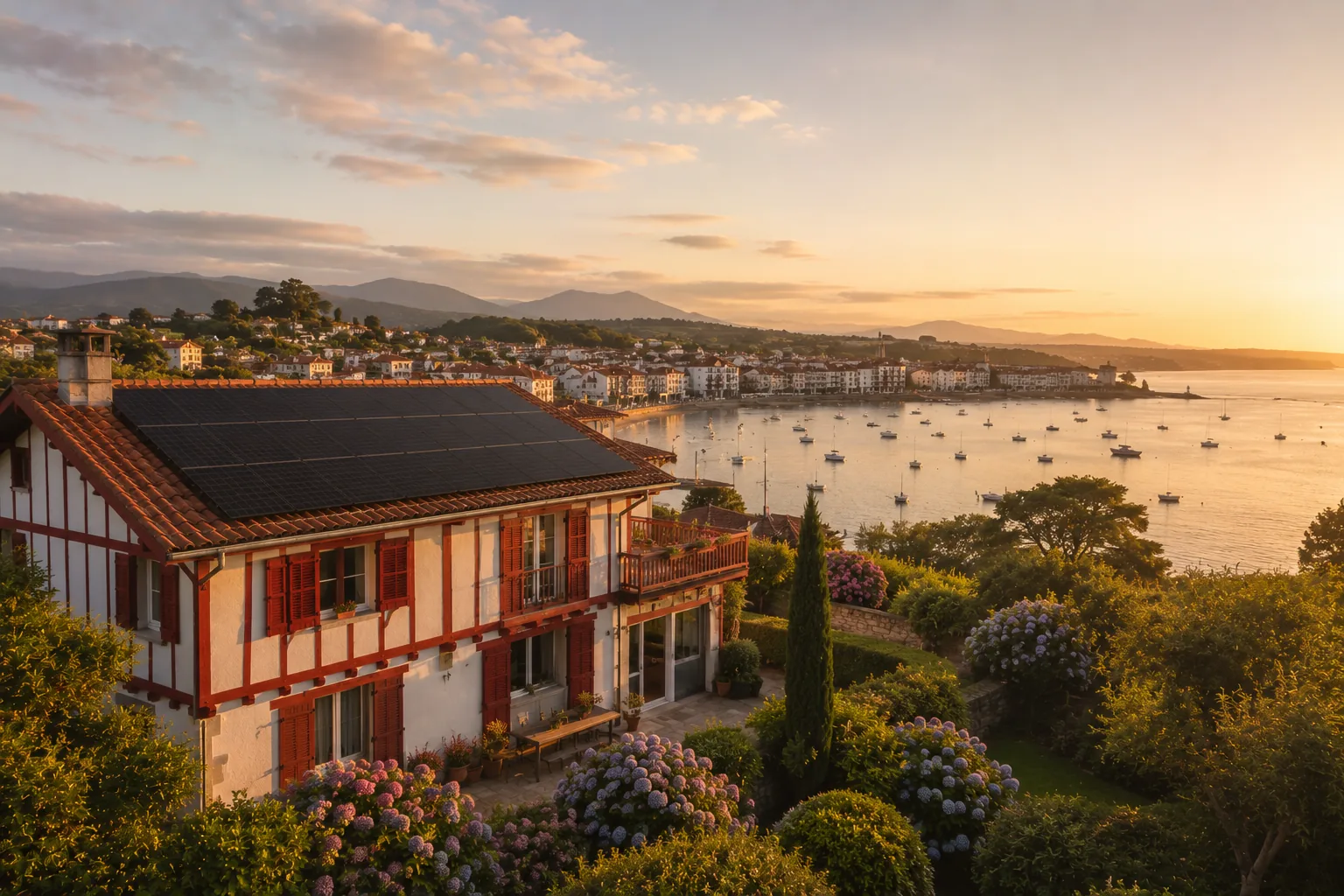Baie de Saint-Jean-de-Luz et toitures de maisons labourdines à tuile romane, vue panoramique depuis Ciboure avec installation solaire intégrée