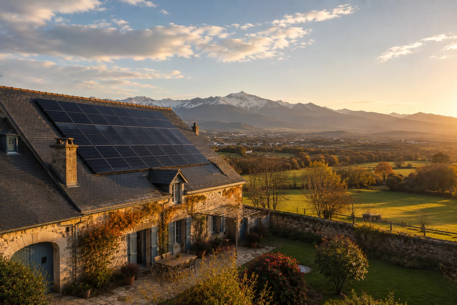 Tarbes et la plaine bigourdane avec maison ancienne équipée de panneaux solaires, Pic du Midi de Bigorre en arrière-plan