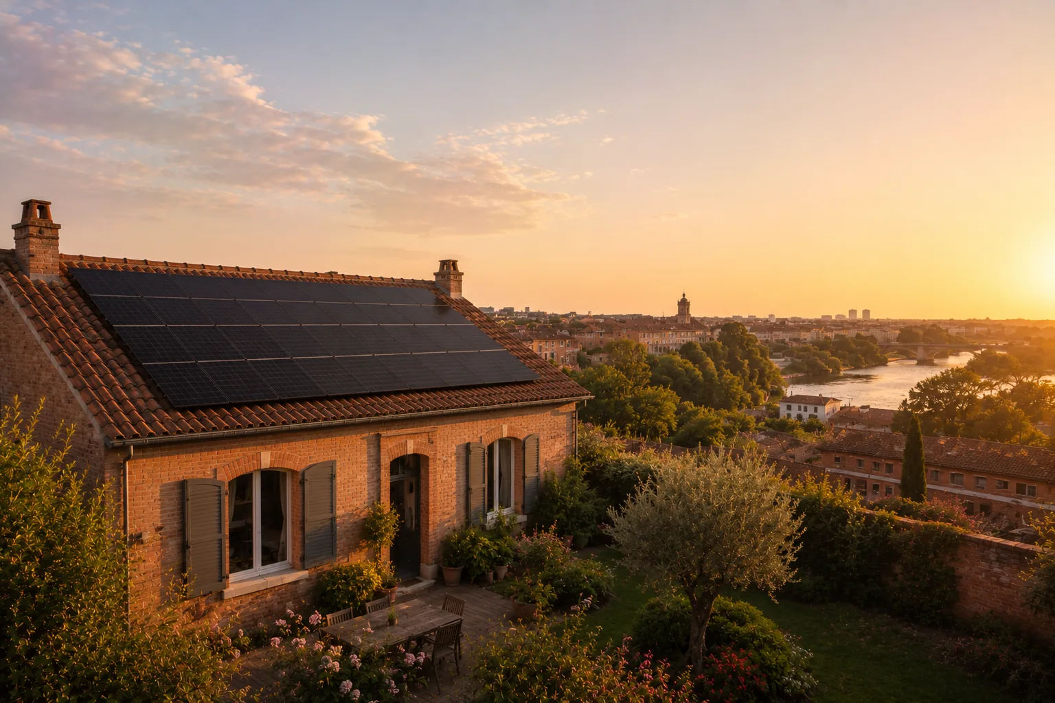 Toulouse, maisons en brique rose avec installation solaire sur toiture, vue panoramique sur la basilique Saint-Sernin et la Garonne