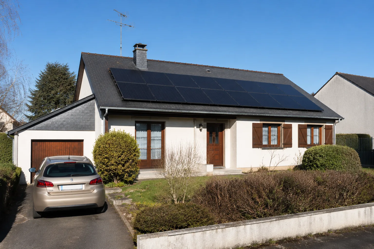 Pavillon de plain-pied à Bizanos (64320) avec 11 panneaux solaires sur toiture ardoise orientée sud-ouest