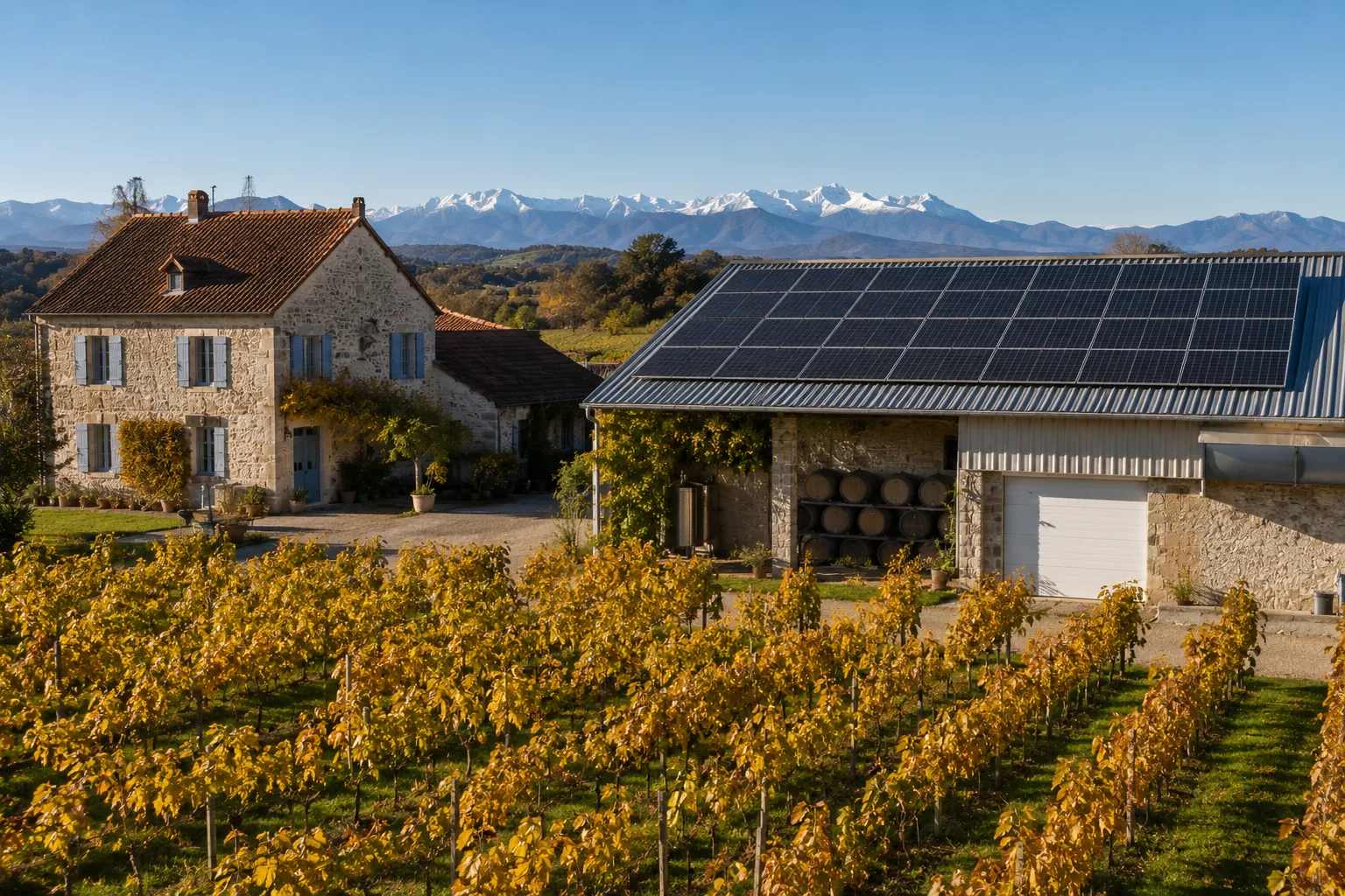 Domaine viticole à Jurançon (64110) avec 22 panneaux solaires sur dépendance + habitation, vignes au premier plan
