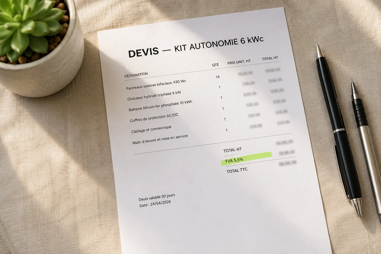 Devis kit solaire imprimé avec mention TVA 5,5 % surlignée en vert