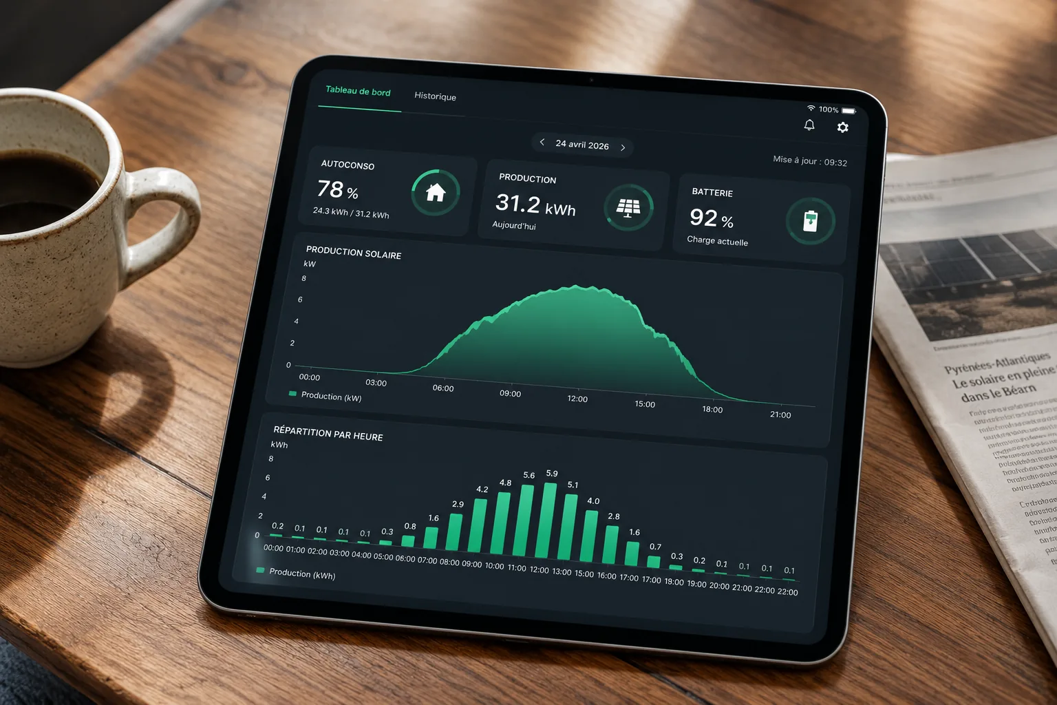 iPad affichant le tableau de bord de monitoring solaire avec graphique de production et taux d'autoconsommation 78%