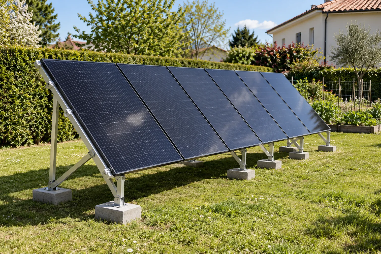 Six panneaux solaires noirs posés en une rangée sur un support au sol en aluminium incliné, lesté par des blocs béton sur la pelouse d'un jardin
